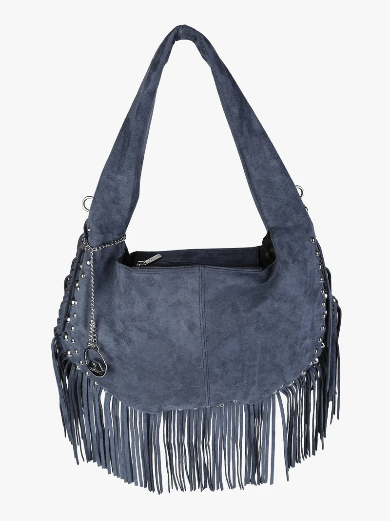 Borsa a spalla da donna con frange e borchie - blu scuro