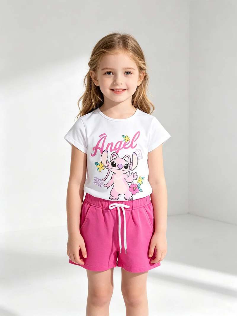 Completo corto da bambina in cotone con t-shirt e shorts con coulisse - bianco
