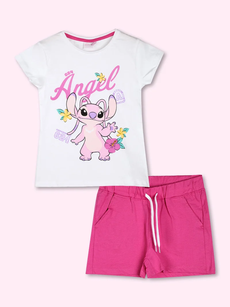 Completo corto da bambina in cotone con t-shirt e shorts con coulisse - bianco