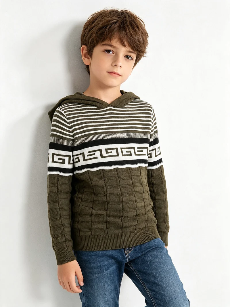 Pullover da bambino in maglia con cappuccio - militare