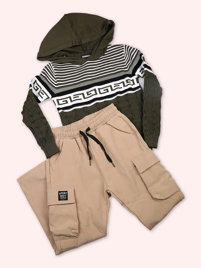 Pullover da bambino in maglia con cappuccio - militare