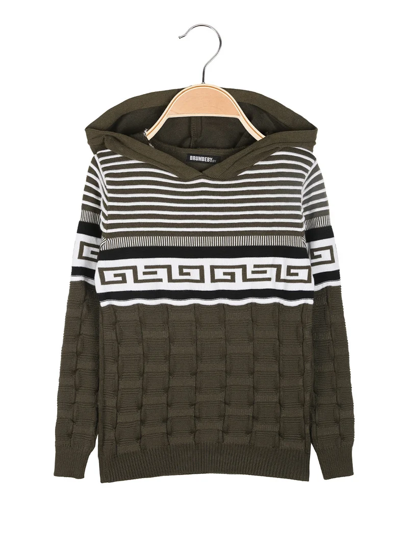 Pullover da bambino in maglia con cappuccio - militare