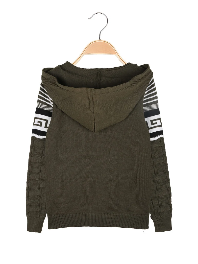 Pullover da bambino in maglia con cappuccio - militare