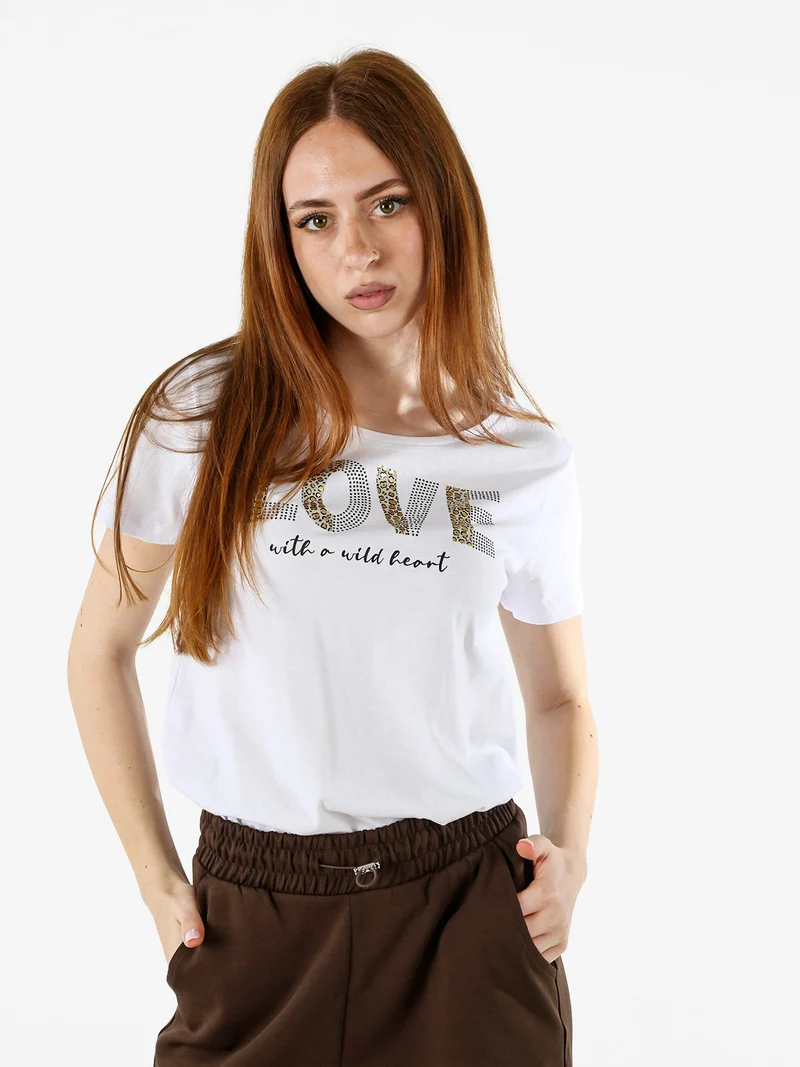T-shirt donna in cotone con stampa animalier e micro borchie - bianco
