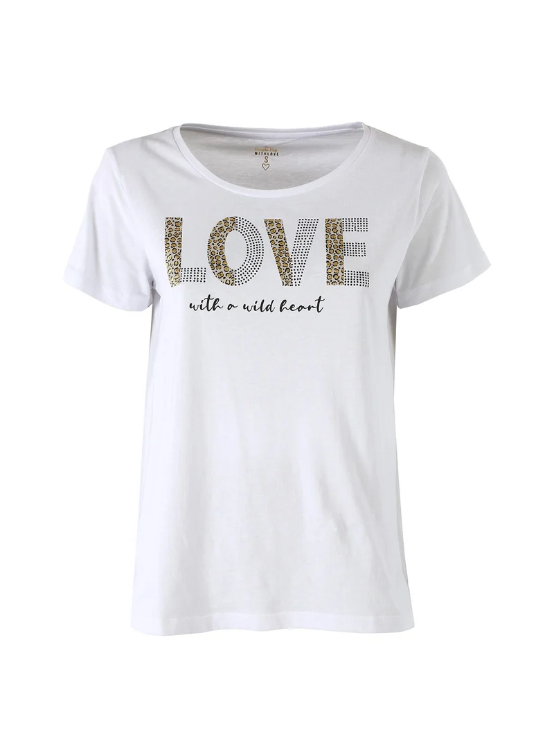 T-shirt donna in cotone con stampa animalier e micro borchie - bianco