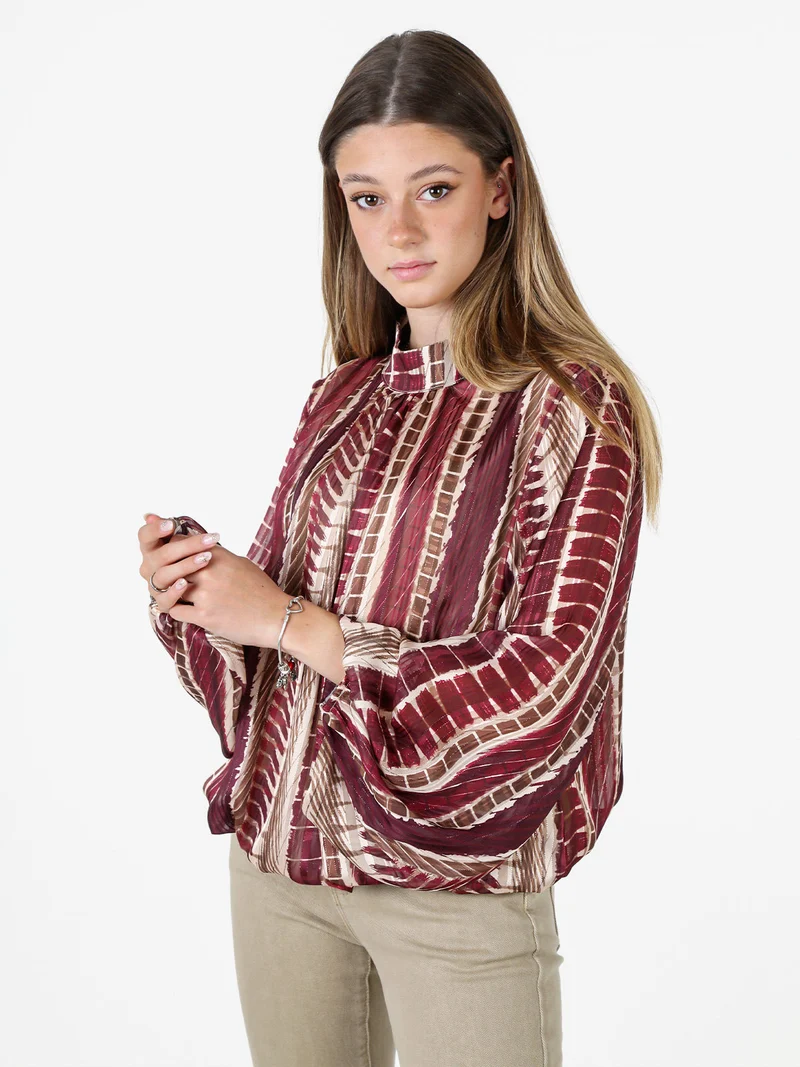Blusa donna con stampe e maniche lunghe velate a palloncino - bordeaux