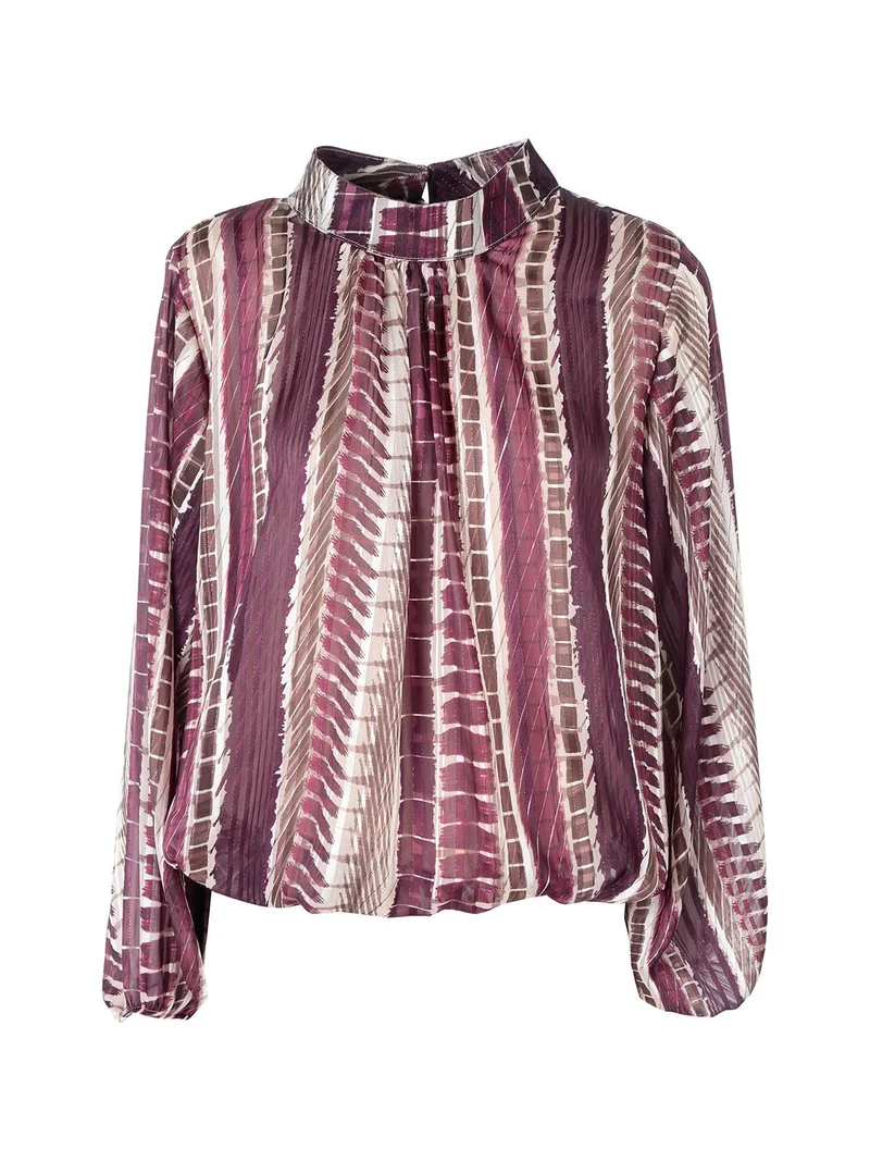 Blusa donna con stampe e maniche lunghe velate a palloncino - bordeaux