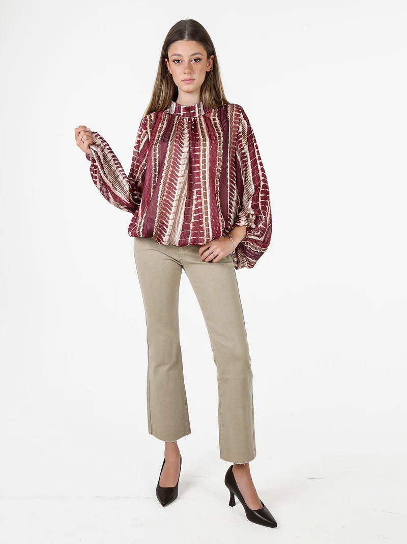 Blusa donna con stampe e maniche lunghe velate a palloncino - bordeaux