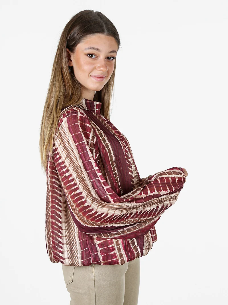 Blusa donna con stampe e maniche lunghe velate a palloncino - bordeaux