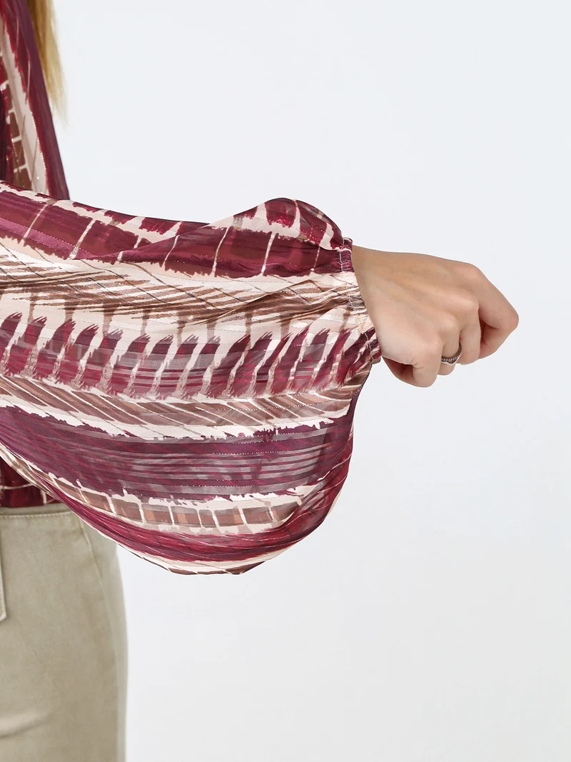 Blusa donna con stampe e maniche lunghe velate a palloncino - bordeaux