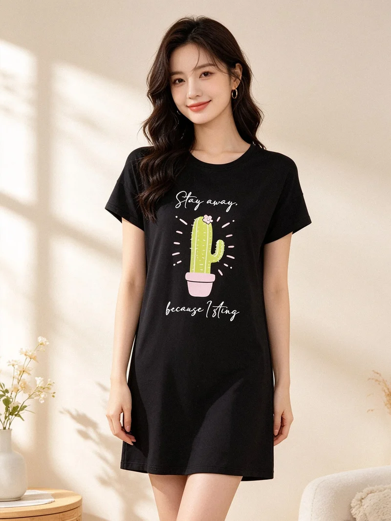 Vestito donna in cotone a maniche corte - nero
