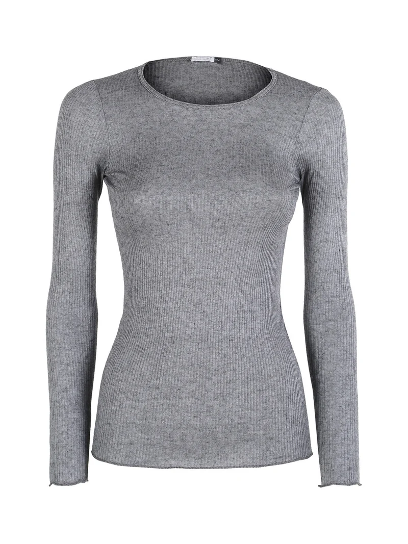 T-shirt donna a maniche lunghe in cashmere naturale - grigio scuro
