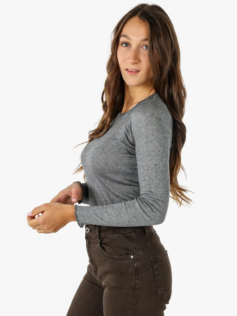 T-shirt donna a maniche lunghe in cashmere naturale - grigio scuro