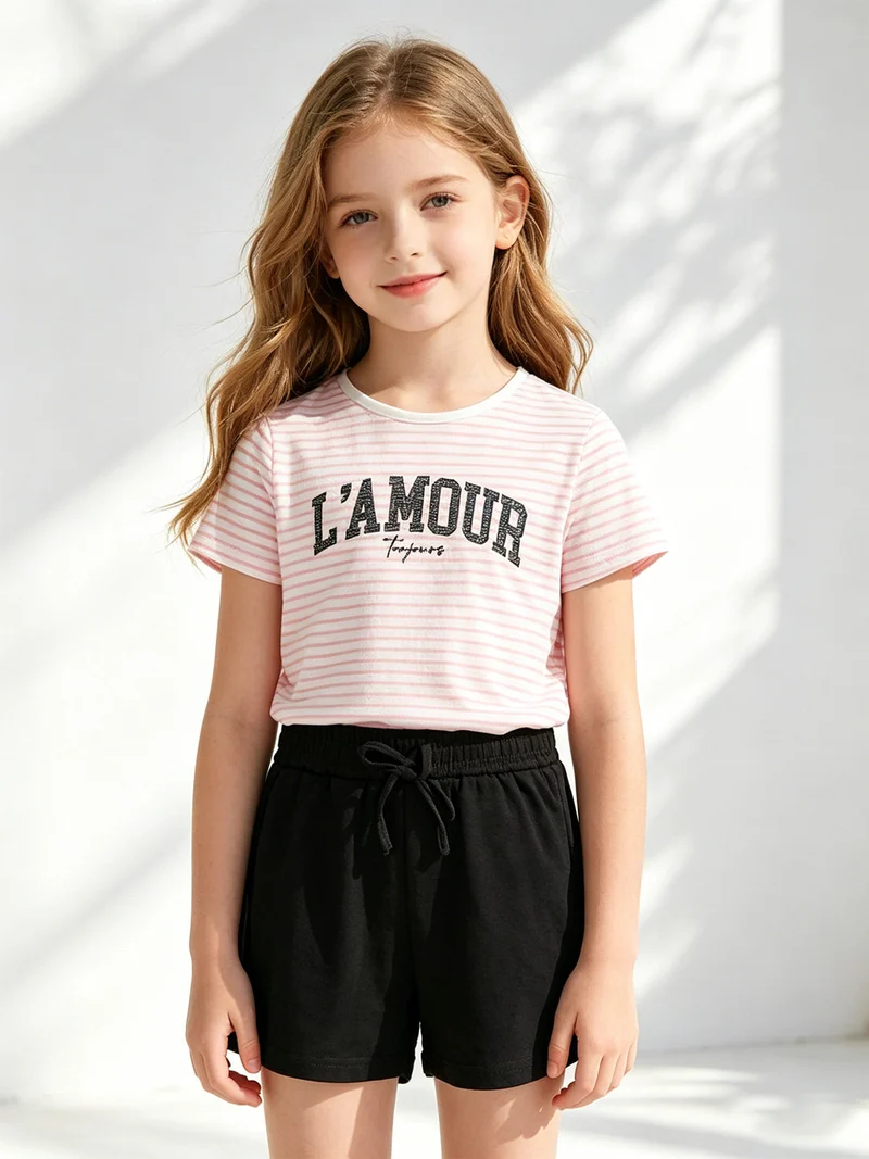Completo corto da bambina con t-shirt rigata con strass e shorts - rosa