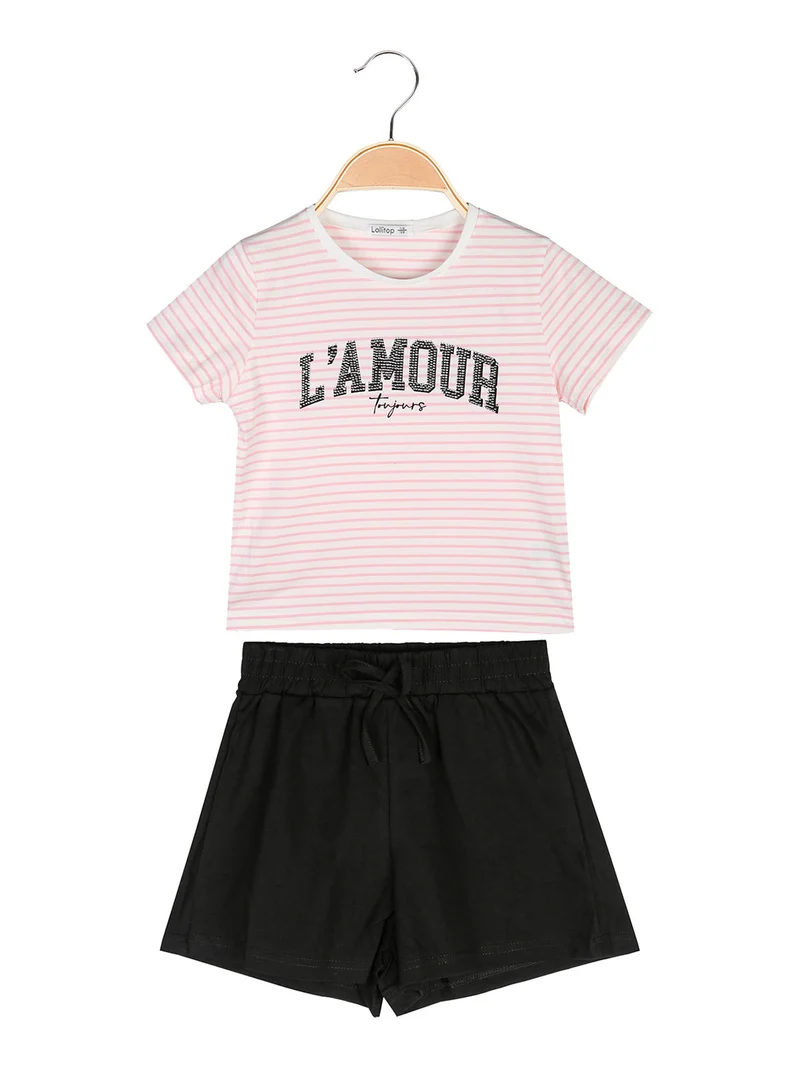 Completo corto da bambina con t-shirt rigata con strass e shorts - rosa