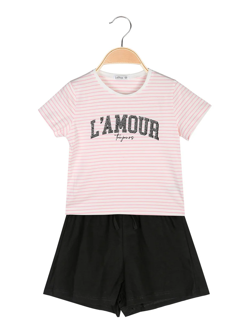 Completo corto da bambina con t-shirt rigata con strass e shorts - rosa