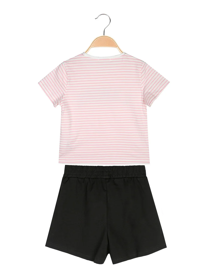 Completo corto da bambina con t-shirt rigata con strass e shorts - rosa
