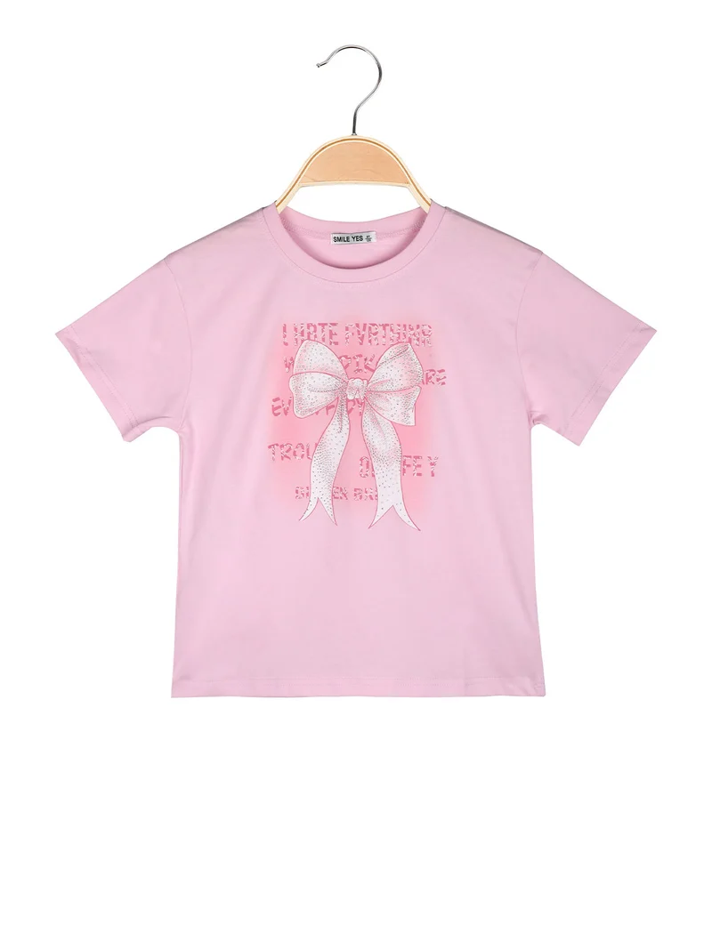 T-shirt da bambina con stampa fiocco e strass - rosa