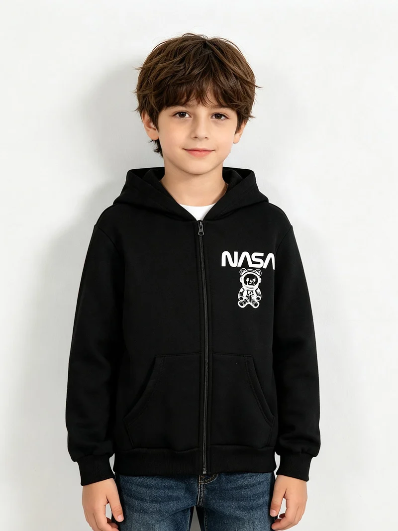 Felpa da ragazzo con cappuccio e zip - nero