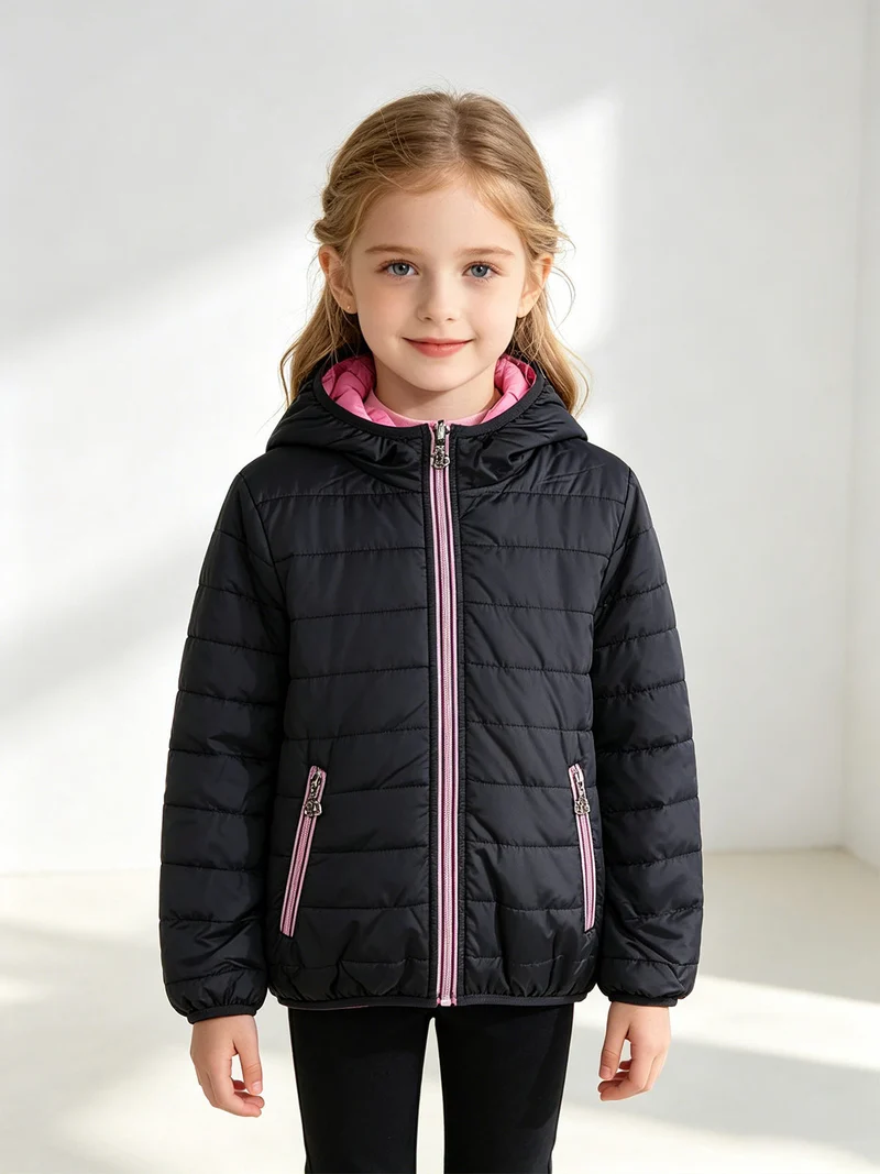 Giubbino reversibile da bambina con cappuccio e zip - blu scuro