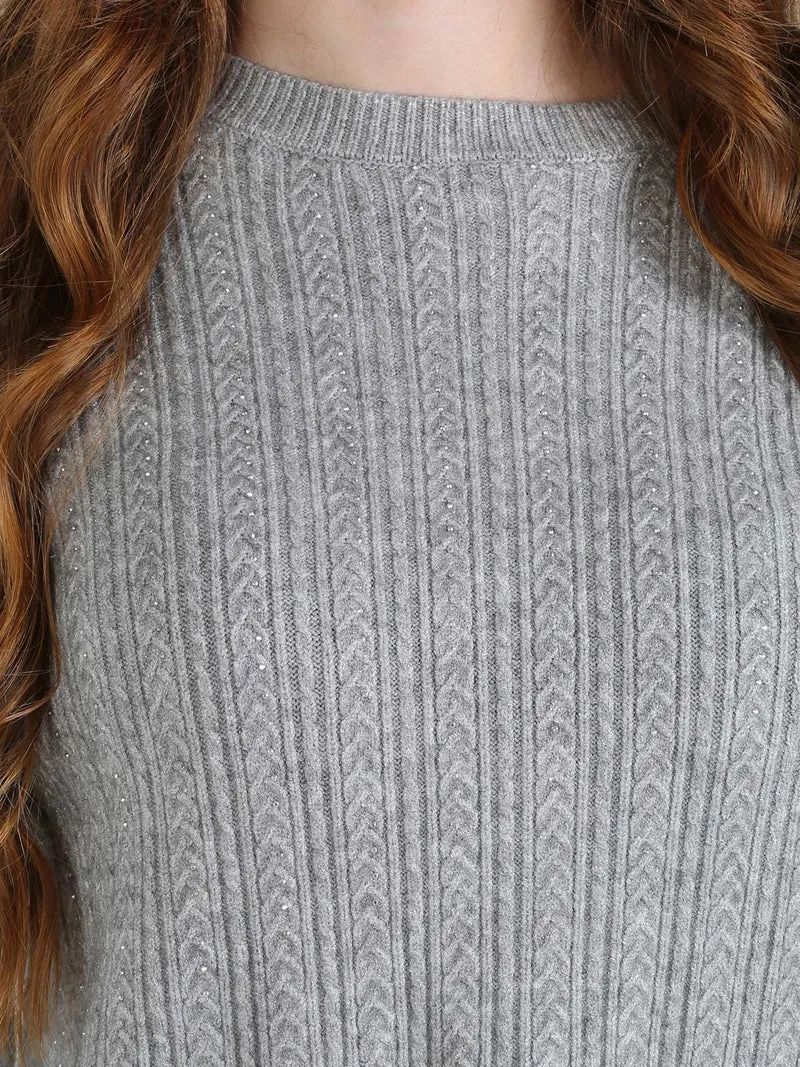 Maglione donna oversize a trecce con strass - grigio