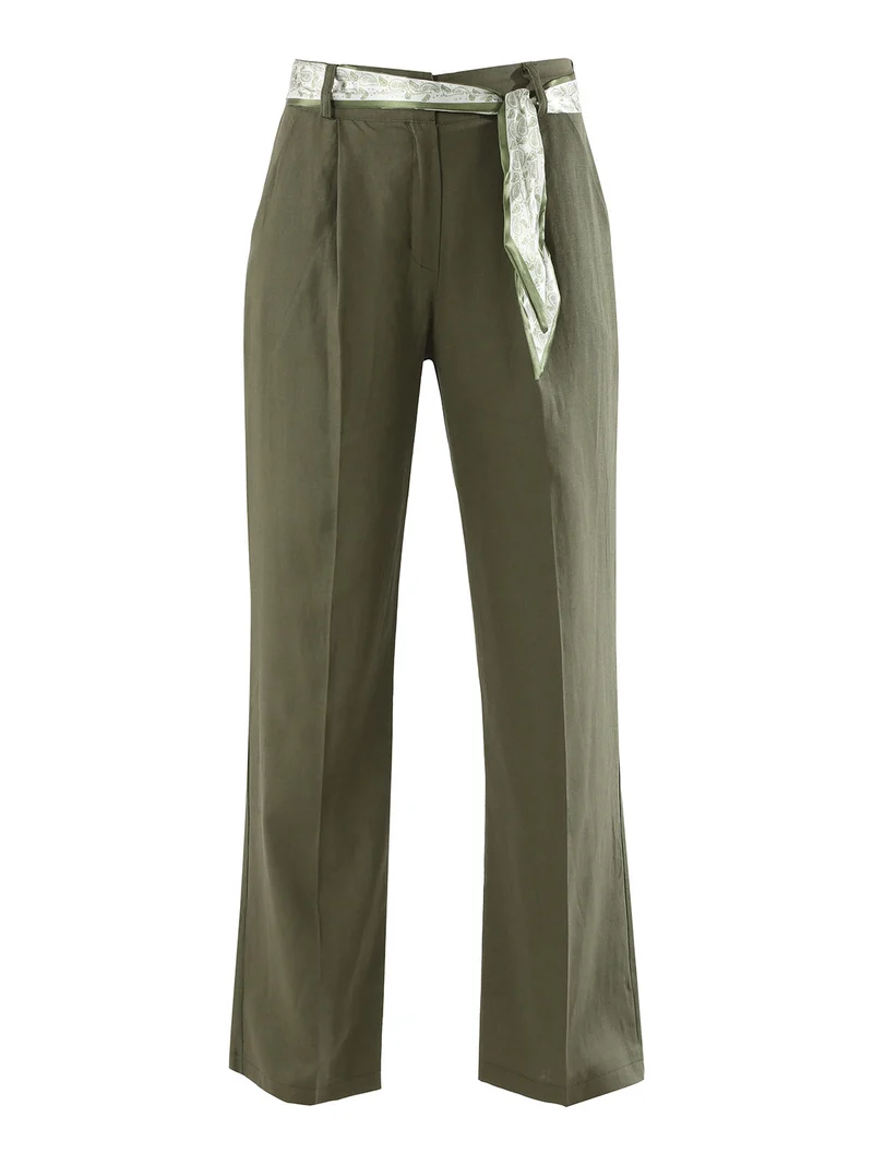 Pantaloni donna in misto lino a gamba dritta con cintura a foulard - militare