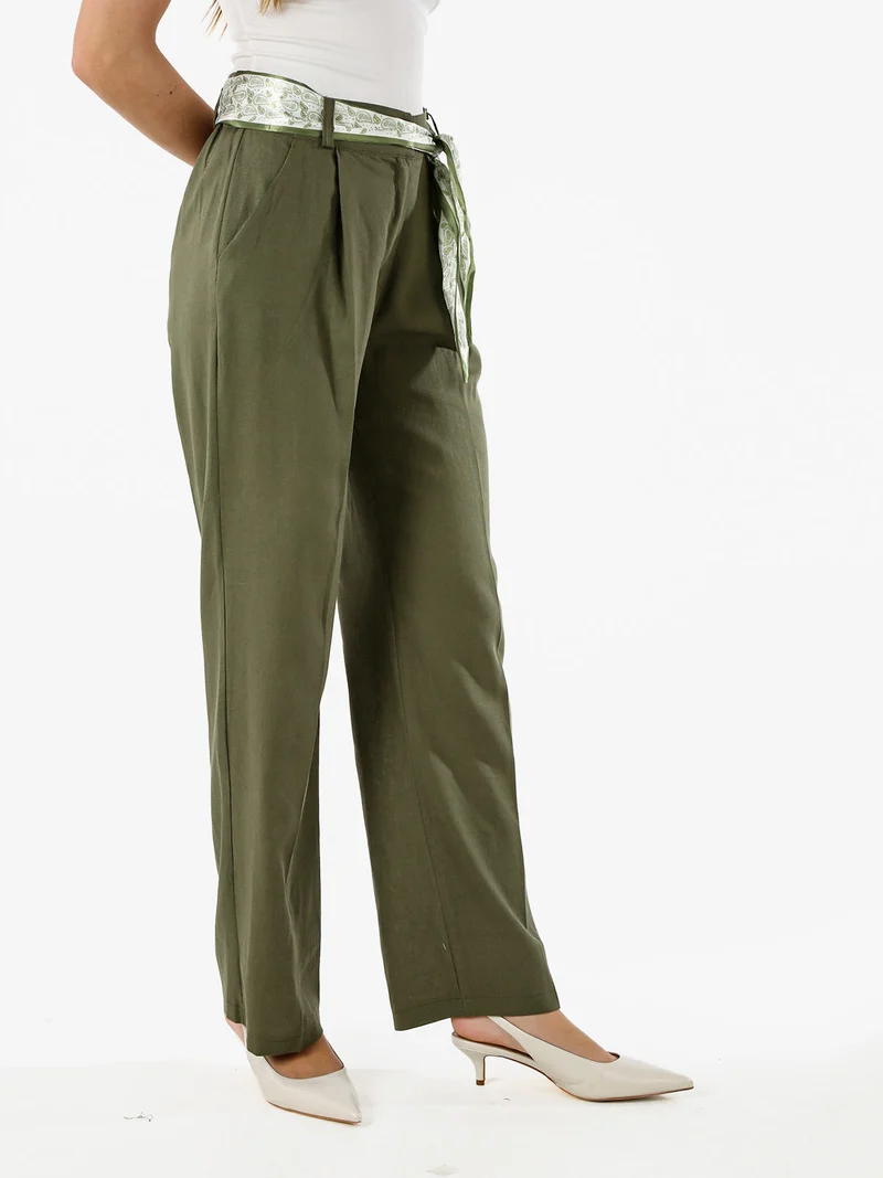 Pantaloni donna in misto lino a gamba dritta con cintura a foulard - militare