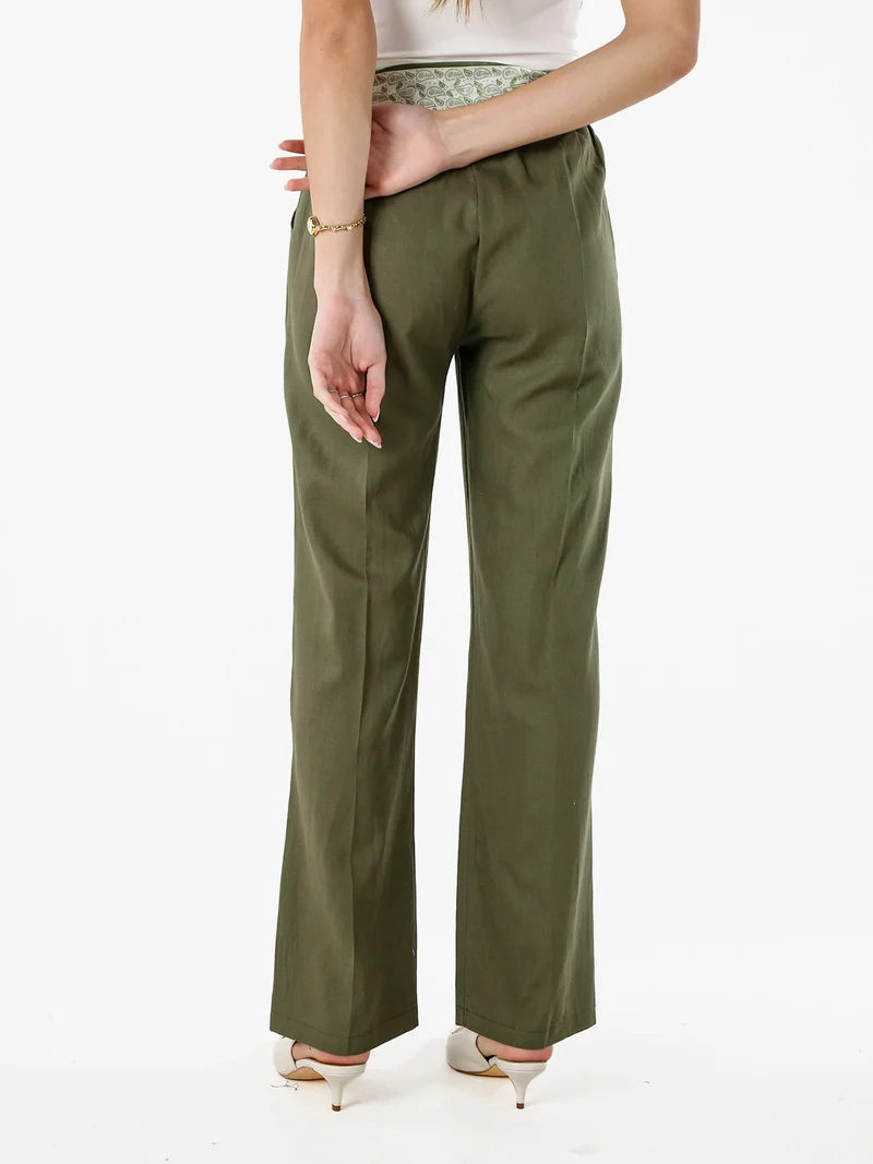 Pantaloni donna in misto lino a gamba dritta con cintura a foulard - militare