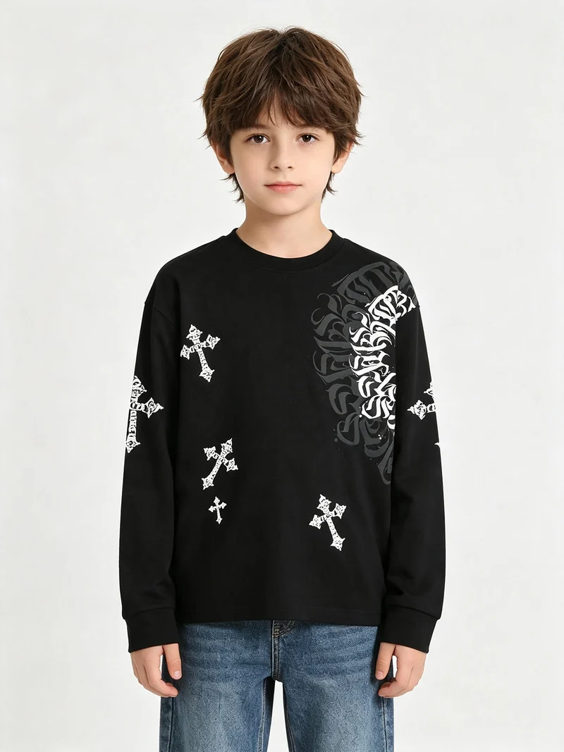 Felpa girocollo da bambino in cotone con stampe - nero