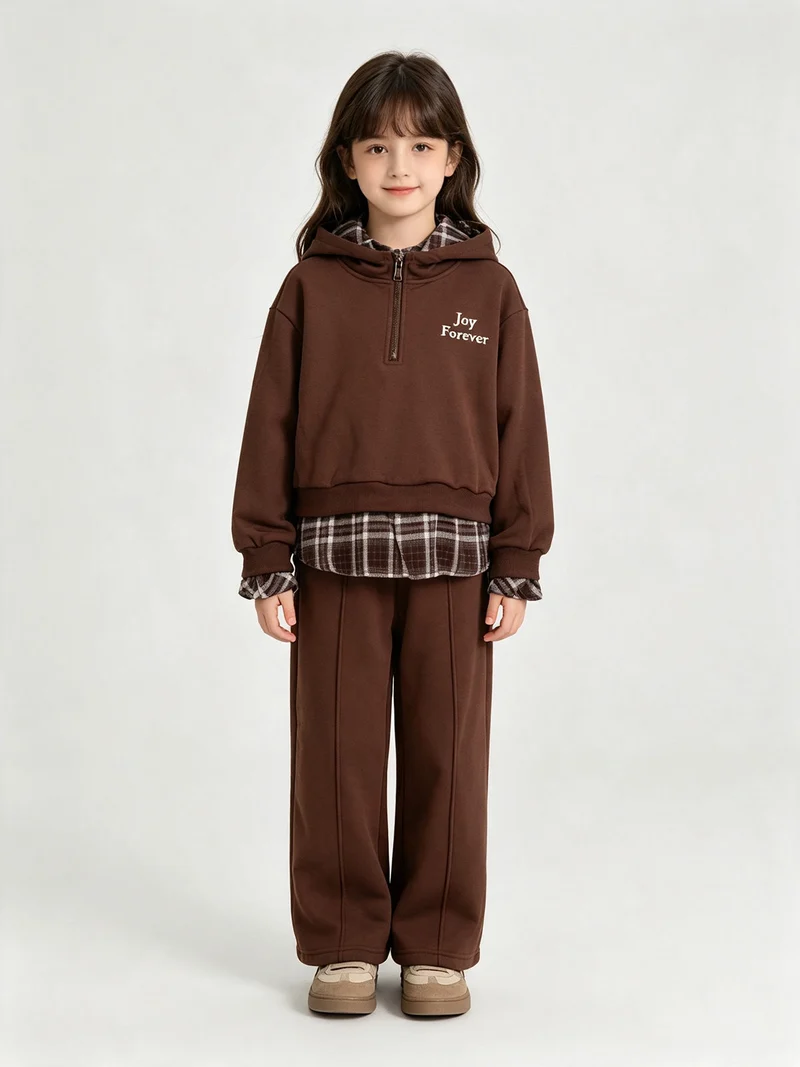 Completo da bambina 2 pezzi felpato con cappuccio e inserti camicia - moro