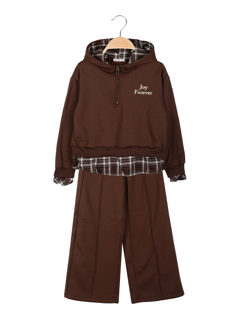 Completo da bambina 2 pezzi felpato con cappuccio e inserti camicia - moro