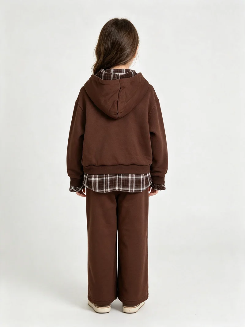 Completo da bambina 2 pezzi felpato con cappuccio e inserti camicia - moro