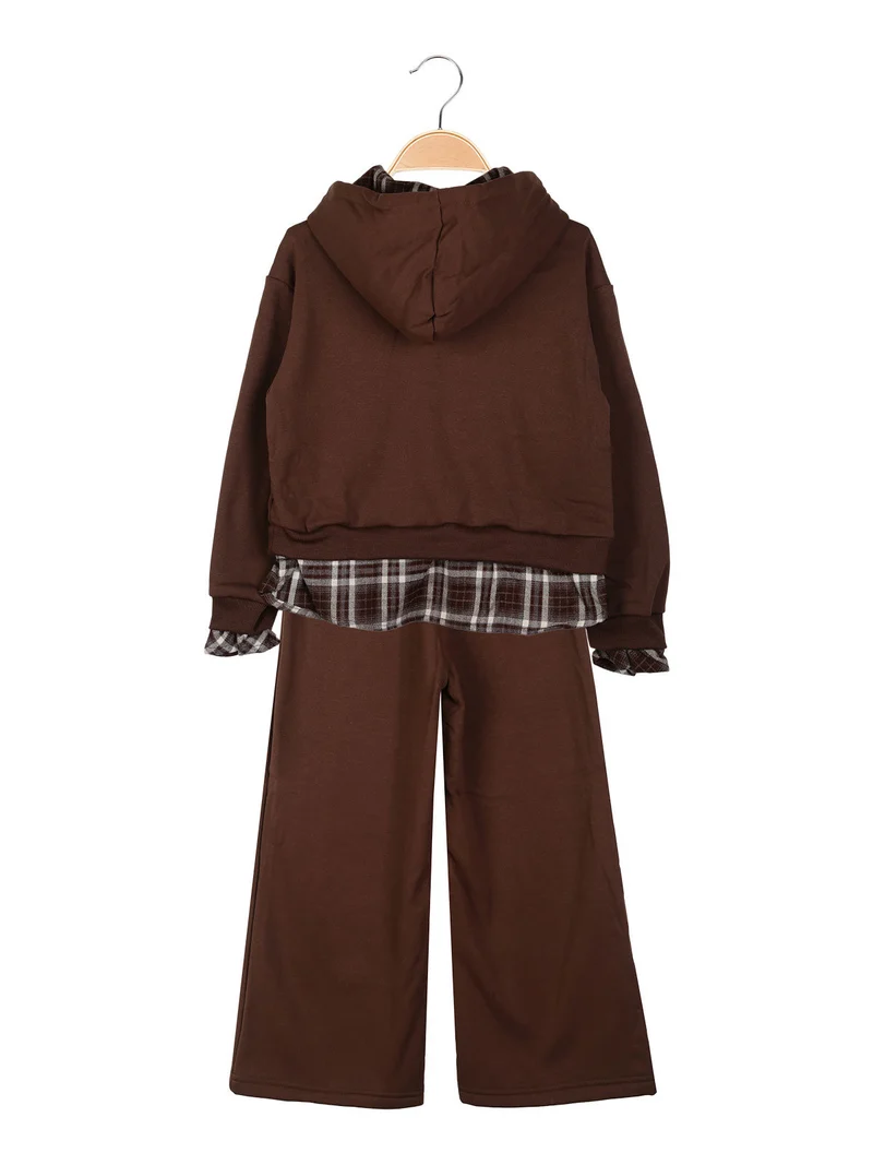 Completo da bambina 2 pezzi felpato con cappuccio e inserti camicia - moro