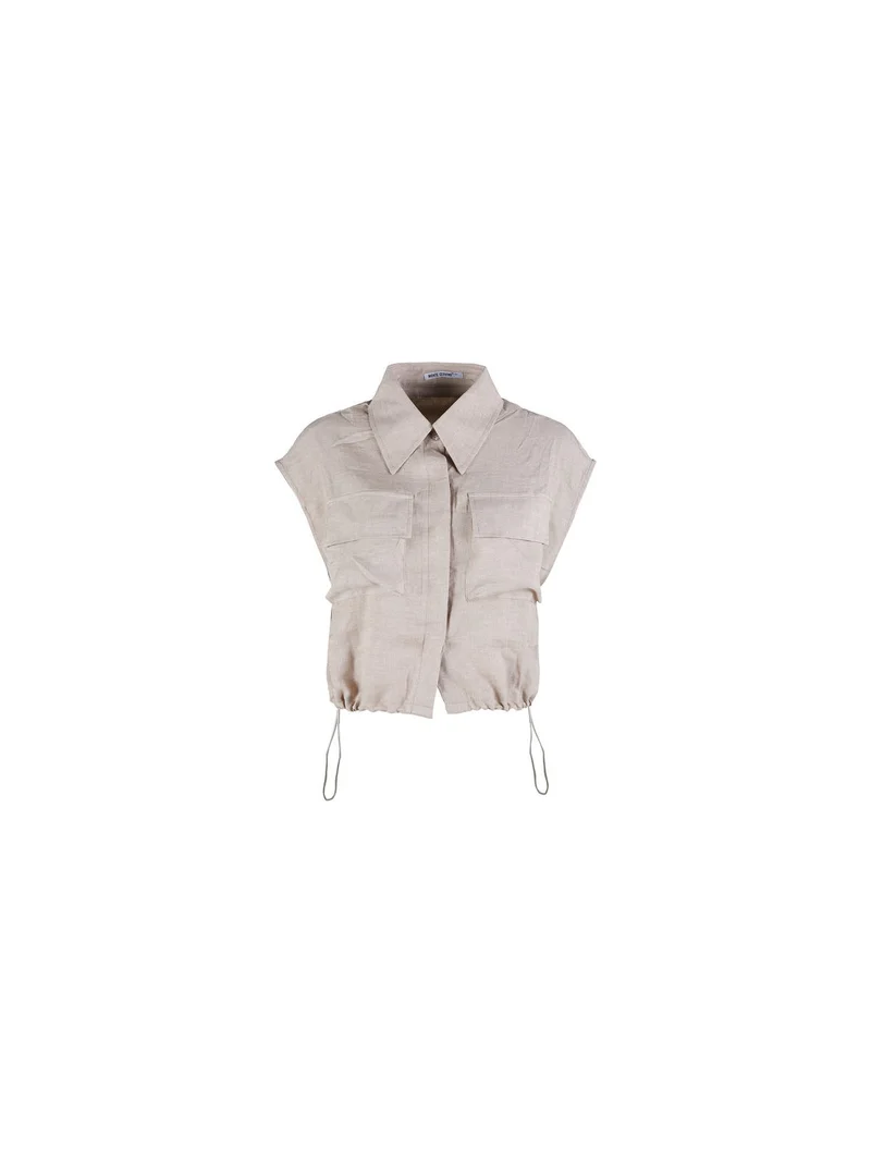 Top donna in misto lino con coulisse laterali - khaki