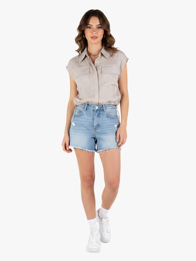 Top donna in misto lino con coulisse laterali - khaki