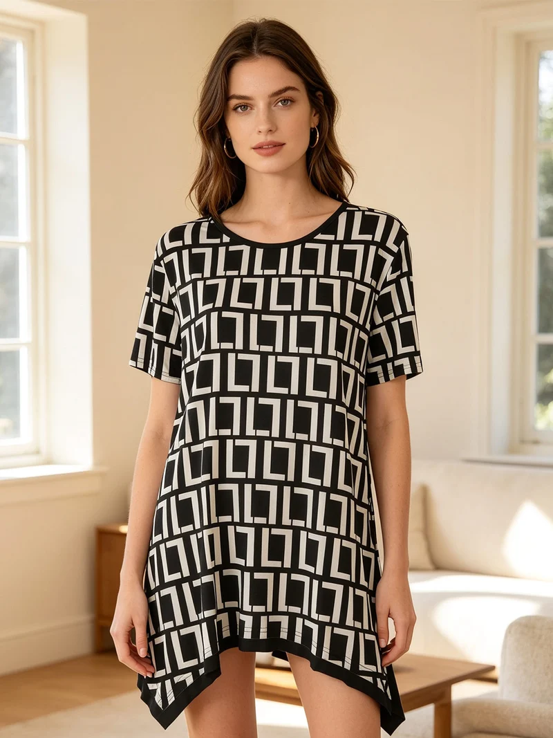 Maxi blusa da donna a maniche corte con stampa greca - nero
