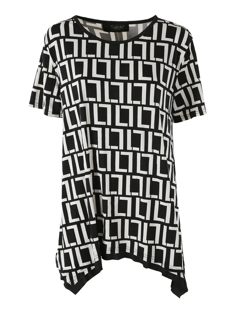 Maxi blusa da donna a maniche corte con stampa greca - nero