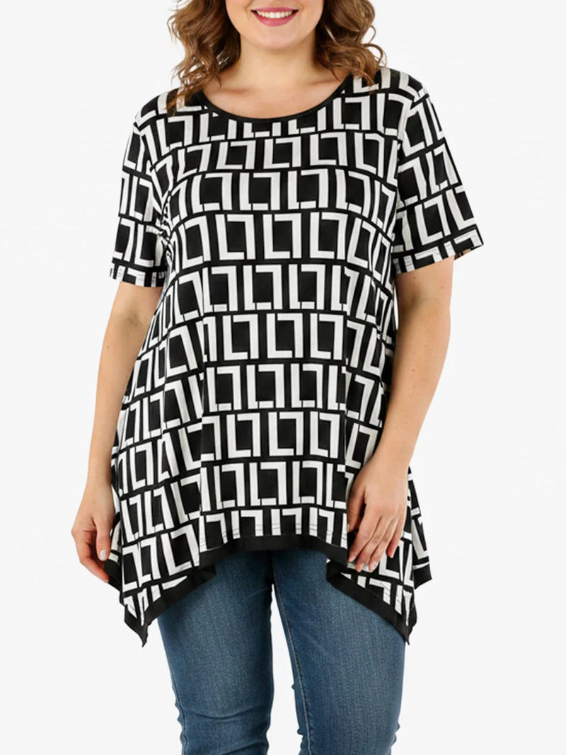 Maxi blusa da donna a maniche corte con stampa greca - nero