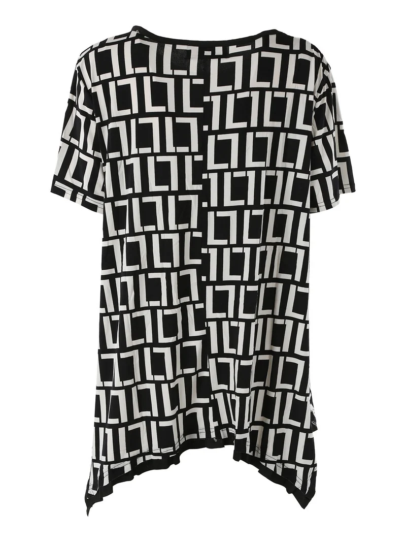 Maxi blusa da donna a maniche corte con stampa greca - nero