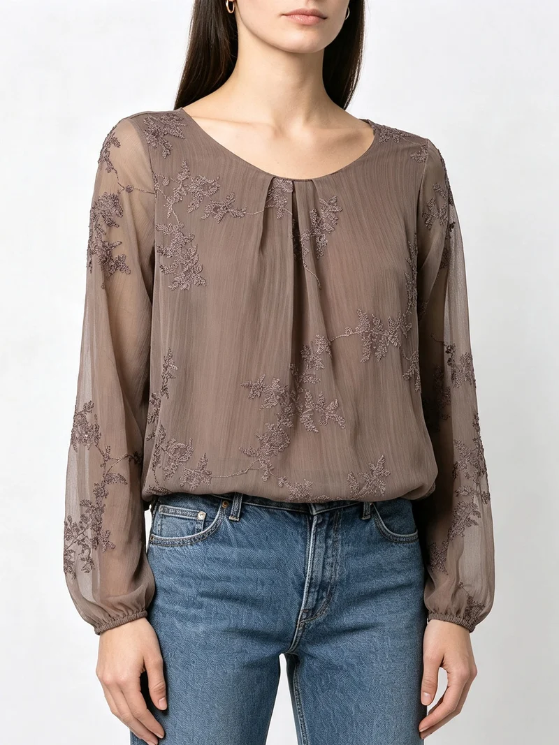 Blusa donna con ricami e maniche lunghe velate - fango