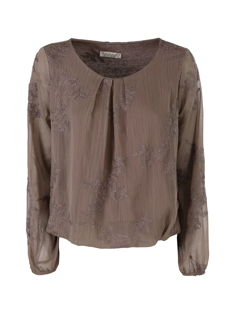 Blusa donna con ricami e maniche lunghe velate - fango