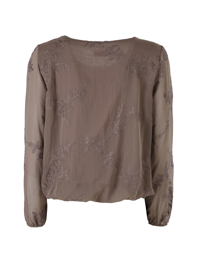 Blusa donna con ricami e maniche lunghe velate - fango