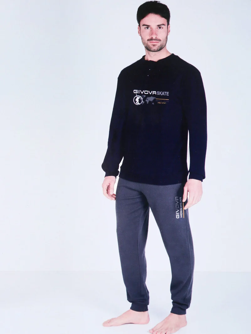 Pigiama lungo da uomo in misto cotone interlock - blu scuro