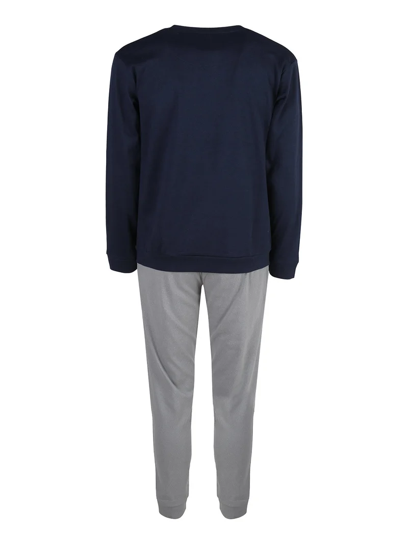 Pigiama lungo da uomo in misto cotone interlock - blu scuro