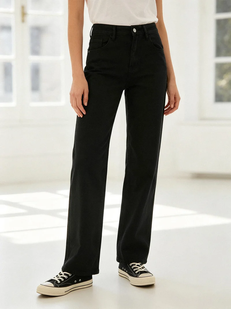Pantaloni donna jeans a gamba larga - nero
