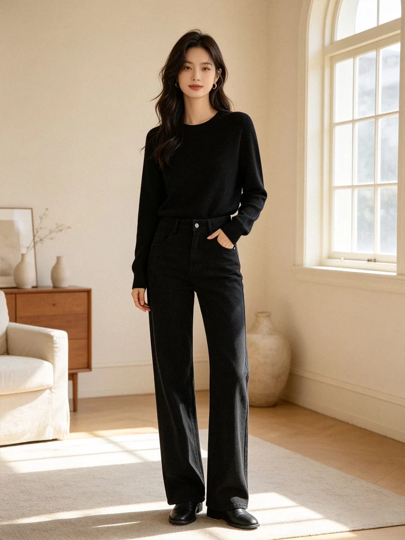 Pantaloni donna jeans a gamba larga - nero