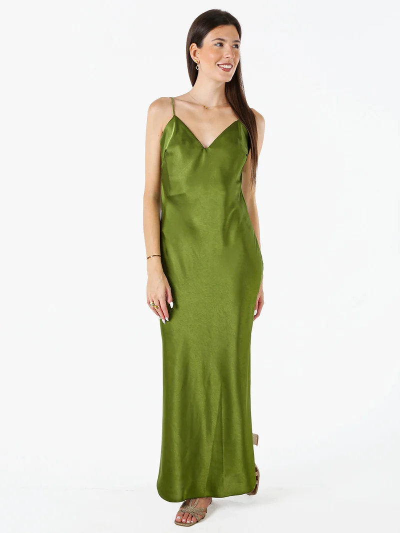 Abito lungo da donna effetto raso con spalline sottili - verde
