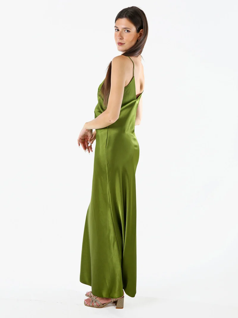 Abito lungo da donna effetto raso con spalline sottili - verde
