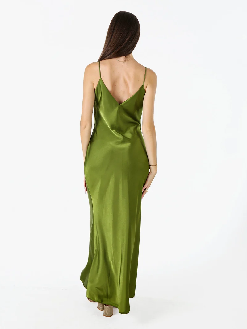 Abito lungo da donna effetto raso con spalline sottili - verde