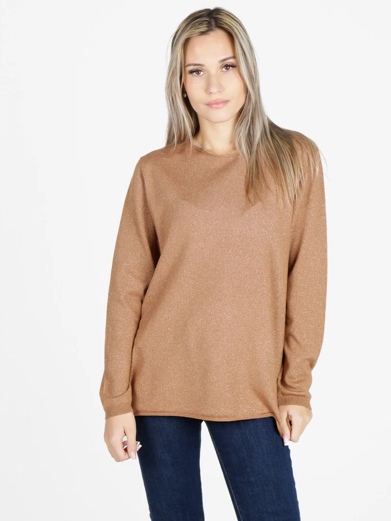 Maglia donna in lurex con spacchi laterali - cammello